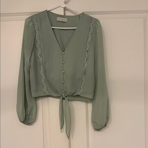 NWOT Wayf Light Green Lace-Trim Blouse